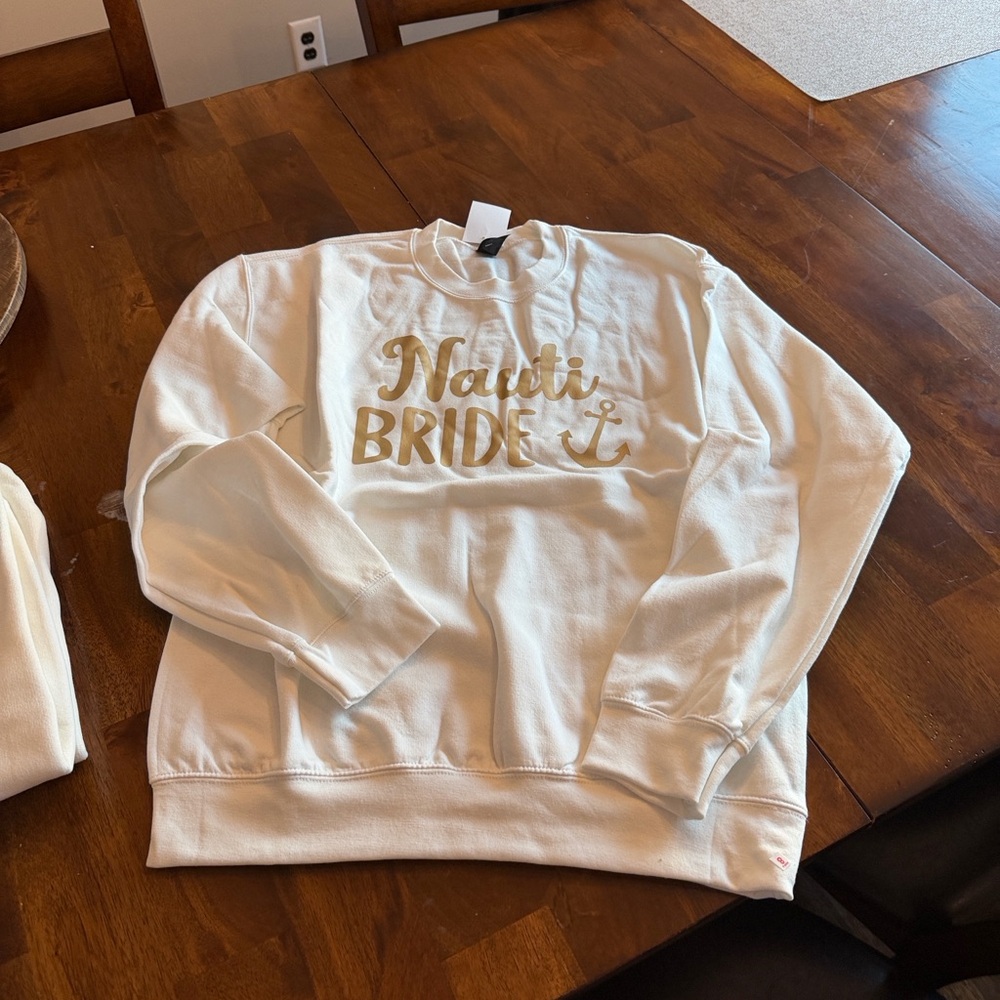 Gildan White Sweatshirt with Gold 'Nauti Bride' Print